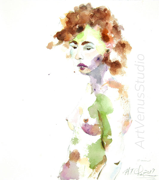 Watercolor Sketch of Woman with Sienna Hair