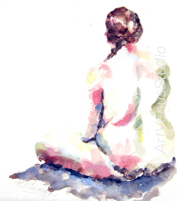 Watercolor Sketch of Seated Woman Back with Braided Hair