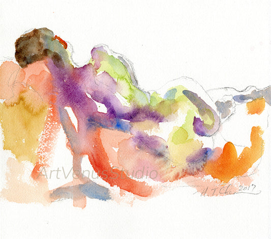 Summer Slumber - Watercolor Sketch of Woman Reclined on Her Left